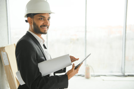 Asian engineer handsome man or architect with white safety helmet in construction site. Standing at...