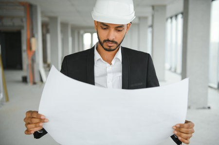 Asian engineer handsome man or architect with white safety helmet in construction site. Standing at modern building construction. Worker asian man working project building.の写真素材