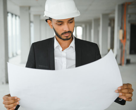 Indian construction site manager standing wearing helmet, thinking at construction site. Portrait of...