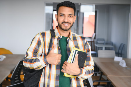 Handsome young Indian boy student with books and backpack at university. education concept.の写真素材