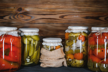 Canned cucumbers and tomatoes with craft lids on a wooden background. Cucumbers and tomatoes with place for text. Stocks of canned food. Harvest, stocks for the winterの写真素材