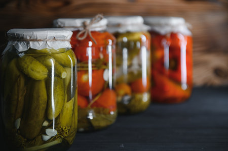 Glass jars with pickled cucumbers (pickles), pickled tomatoes and cabbage. Jars of various pickled vegetables. Canned food in a rustic compositionの写真素材