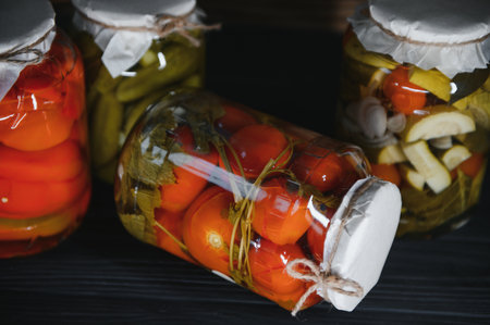 Jars of pickled vegetables on rustic wooden background.の写真素材