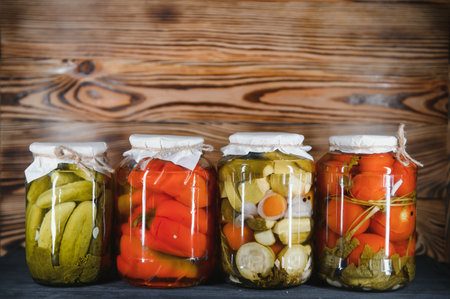 Canned cucumbers and tomatoes with craft lids on a wooden background. Cucumbers and tomatoes with place for text. Stocks of canned food. Harvest, stocks for the winterの写真素材