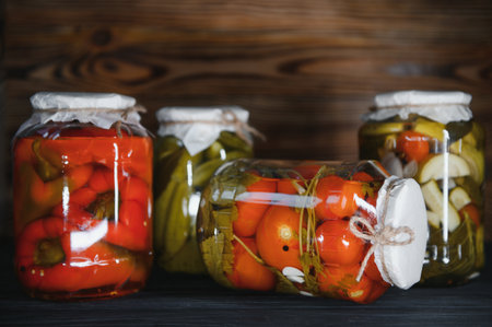Jars of pickled vegetables on rustic wooden background.の写真素材