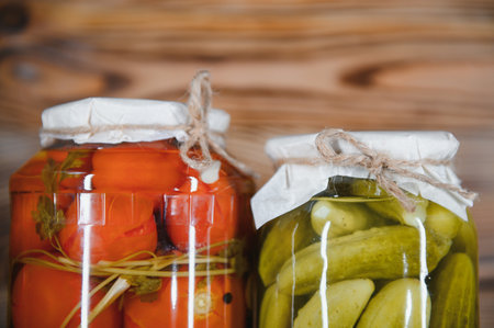 Canned cucumbers and tomatoes with craft lids on a wooden background. Cucumbers and tomatoes with place for text. Stocks of canned food. Harvest, stocks for the winterの写真素材
