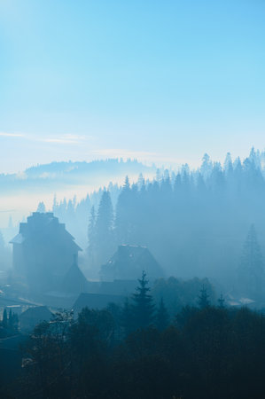 Mountain blue gradient landscape panorama twilight in mountains.の写真素材