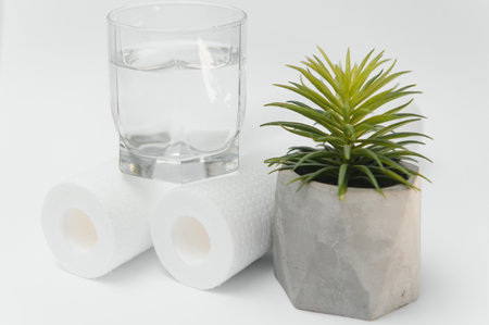 A glass of drink water and filter cartridges at white background.