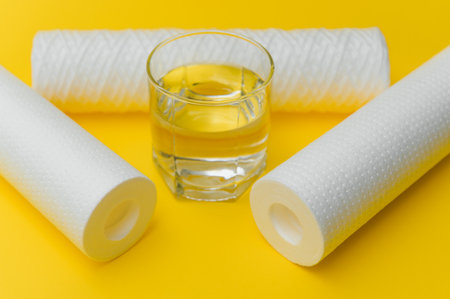Cartridges for water treatment systems on yellow background