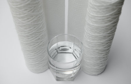 filter cartridges for water on a white background. Installation of reverse osmosis water purification systemの写真素材