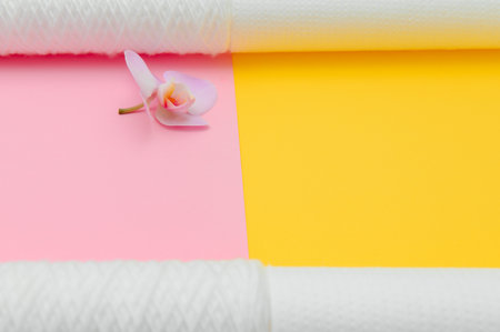 cartridges for water purification on a colored background. Concept of clean water at home.の写真素材