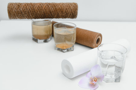 water filters. Concept of three glasses on a white background. household filtration systemの写真素材