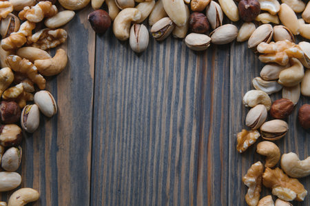 Mixed nuts on wood floor. Organic and fresh nuts. copyspace.
