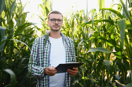 Yong handsome agronomist in the corn field and examining crops before harvesting. Agribusiness...