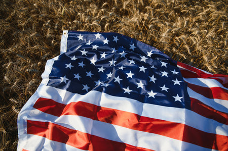 USA American flag spread on the golden wheat field