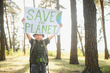 demonstration against global warming and pollution. Child boy making protest about climate change, plastic problems, global warming, pollution. save the planet poster. Climate Strike. Eco Activismの写真素材