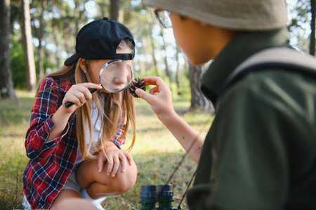kids scouts in the forestの写真素材