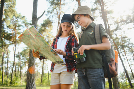 kids scouts in the forestの写真素材