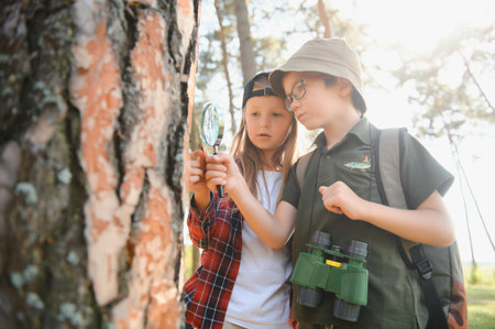 Kids exploring nature with magnifying glass. Summer activity for inquisitive childの写真素材