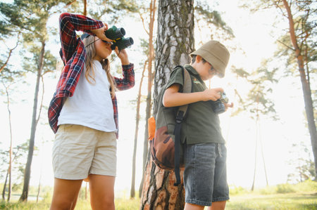 kids in green forest playing,concept of kids vacations and travel.の写真素材
