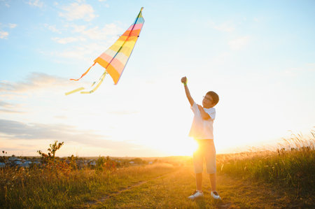 Little boy on summer vacation having fun and happy time flying kite on the fieldの写真素材