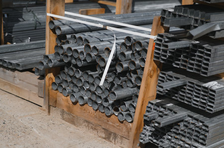 Stack of rolled metal products, perspective view of steel pipes of rectangular cross-section.