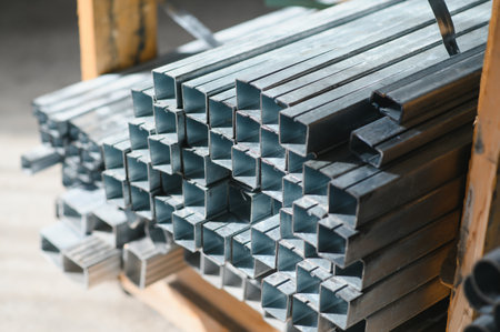 Stack of rolled metal products, perspective view of steel pipes of rectangular cross-section.の写真素材
