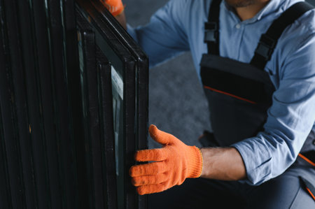Factory for aluminum and PVC windows and doors production. Manual worker assembling PVC windows and doors.の写真素材