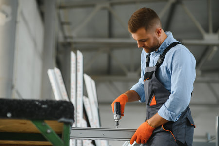 Factory for aluminum and PVC windows and doors production. Manual worker assembling PVC windows and...