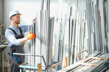 Professional fabric worker. metal processing plant. A worker at a metal profile warehouseの写真素材