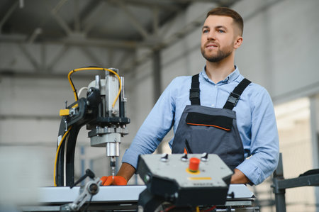 Manual worker cutting aluminum and PVC profiles. manufacturing jobs. selective focus. Factory for...