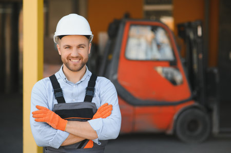 Man working at warehouse and driving forklift.