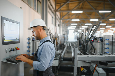 Factory for aluminum and PVC windows and doors production. Manual worker assembling PVC windows and...