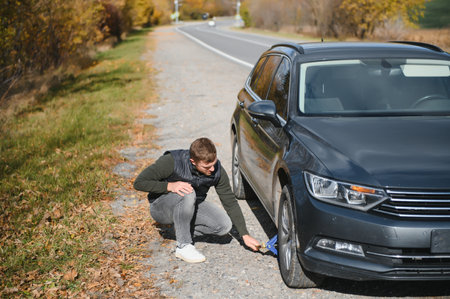 Man with broken down car flat tire in the middle of the street.の写真素材