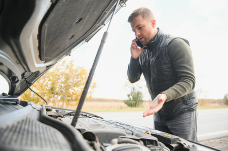 driver trying to figure out how to fix broken down car with red triangle to warn other road users.