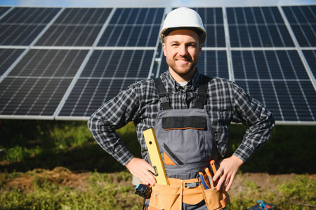Male worker in uniform outdoors with solar batteries on a sunny day