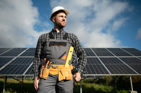 Expert is inspecting the quality of a solar battery. Worker in uniform and helmet with equipment....