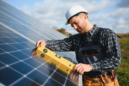 Expert is inspecting the quality of a solar battery. Worker in uniform and helmet with equipment....