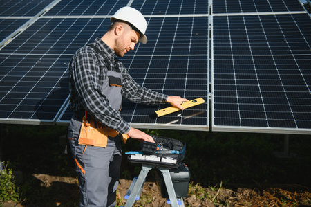 Male worker in uniform outdoors with solar batteries on a sunny day