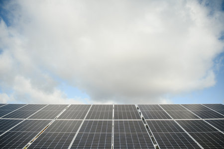 Solar Panels Against The Deep Blue Sky.