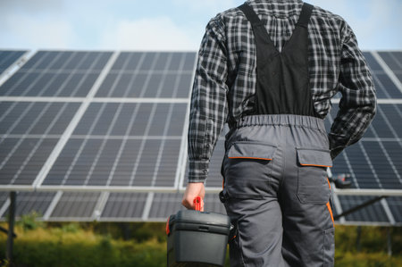 Professional worker installing solar panels on the metal construction, using different equipment, wearing helmet. Innovative solution for energy solving. use renewable resources. green energyの写真素材