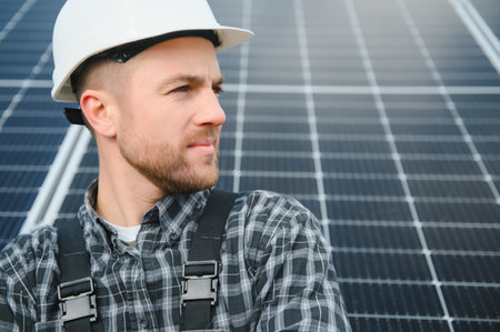 Worker installing solar panels outdoors.