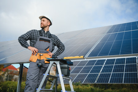Worker installing solar panels outdoors.