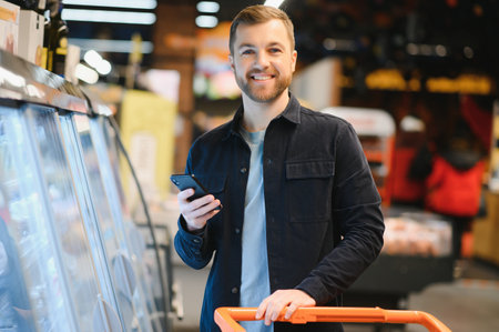 Young man buying groceries at the supermarket. Other customers background. consumerism conceptの写真素材