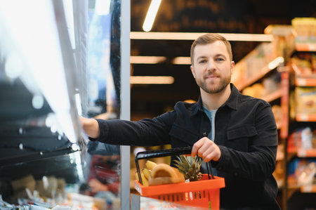 Customer In Supermarket. Man Doing Grocery Shopping Standing With Cart Choosing Food Product Indoors. Guy Buying Groceries In Food Store. Selective Focus, Copy Spaceの写真素材