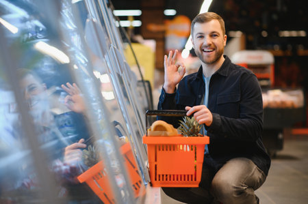 Young man buying groceries at the supermarket. Other customers background. consumerism conceptの写真素材