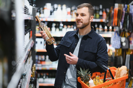 Young man buying groceries at the supermarket. Other customers background. consumerism conceptの写真素材