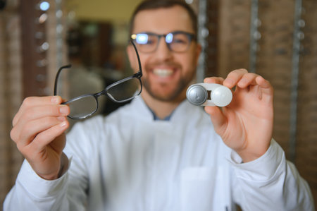 Male doctor holding contact lens case and glasses, indoors.の写真素材
