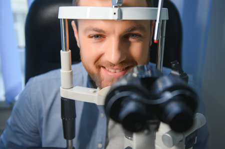 Ophthalmology concept. Male patient under eye vision examination in eyesight ophthalmological...
