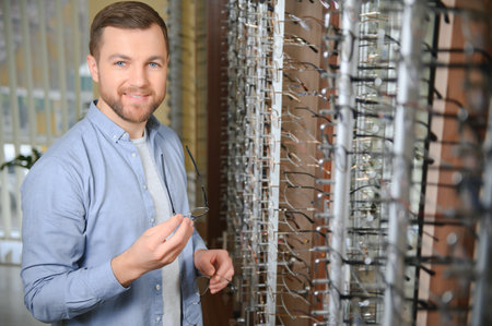 Healthcare, Eyesight And Vision Concept. Happy man choosing glasses at optics store, selective focus.の写真素材